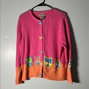 Vintage Timberlea Vibrant Pink and Orange Cat Cardigan